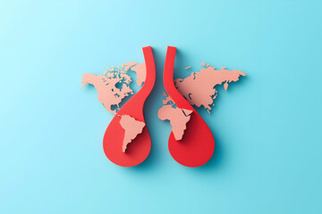 The image features artistic red teardrops overlaying a world map, symbolizing global connections and the importance of blood donation.