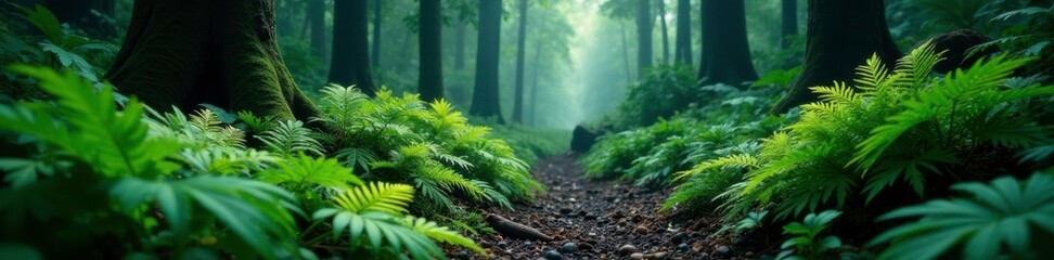 Fototapeta premium Dark forest floor with clusters of tropical ferns, verdant landscapes, dense undergrowth, forest ground