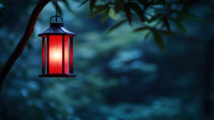 Glowing red lantern illuminating a serene forest at dusk