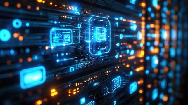 High Tech Server Room with Cloud Computing Icons and Digital Network Connections for Cybersecurity and Data Storage