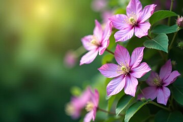 Pinkish-purple clematis flowers in full bloom on a tree, tree, , foliage