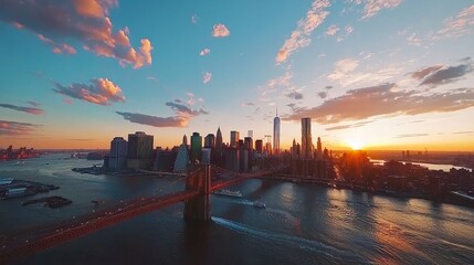 Fototapeta premium Brooklyn Bridge at Sunset, vibrant skyline of downtown New York City illuminated by warm hues, expansive view showcasing iconic architecture against a serene evening sky