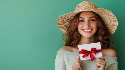 Portrait of a happy woman wearing a straw hat, holding a white gift card with a red ribbon bow and isolated on a green background.