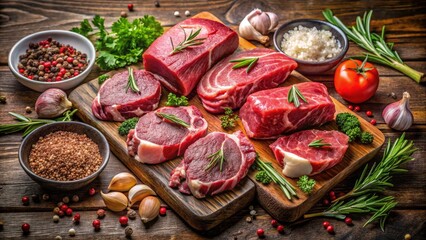 Fototapeta premium High-Quality Raw Meat Photography: Beef, Lamb, and Chicken Cuts for Culinary Arts and Cooking Inspiration