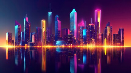 Fototapeta premium Vibrant neon cityscape reflected in water at night.