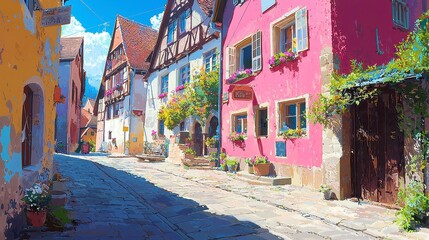 Fototapeta premium Charming Half-Timbered Homes in Rothenburg ob der Tauber, vibrant facades, historic architecture, inviting streets, picturesque scenery, rich cultural heritage, Germany’s medieval beauty
