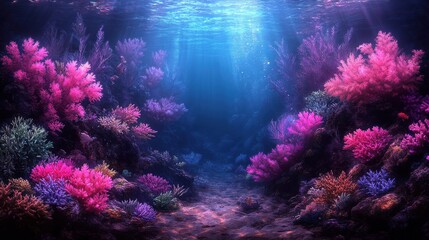 Obraz premium Illuminated Underwater Coral Reef - Vibrant Concept Art of Ethereal Glow in Marine Ecosystem
