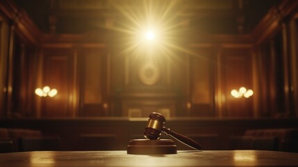 Obraz premium The focus is on a small gavel placed at the center of a courtroom table, with the rest of the room blurred in the background.