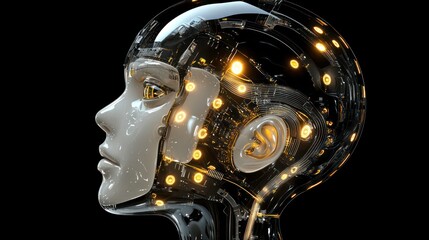 Transparent robotic head profile with glowing internal circuits.