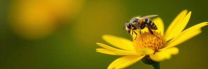 Pollen-covered fly hovering above a yellow flower, insects, hover, fly