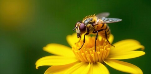 Pollen-covered fly hovering above a yellow flower, insects, pollination, nature