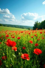 Poppy field in a lush green meadow with wildflowers, poppy, , sunflower like