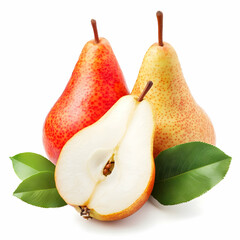 Ripe pears, cut in half, leaves, white background, food photography