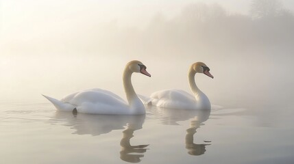 Fototapeta premium Two graceful white swans swim on a misty lake at dawn, their reflections visible in the calm water.