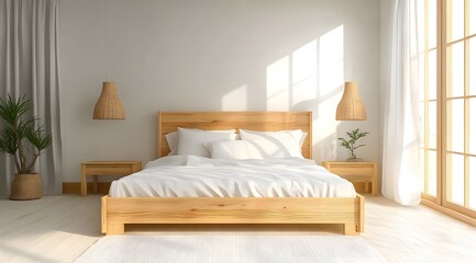Wooden bedroom and clean home with open bright furniture and modern interior apartment comfortable modern architecture, simple room with fresh minimal design 