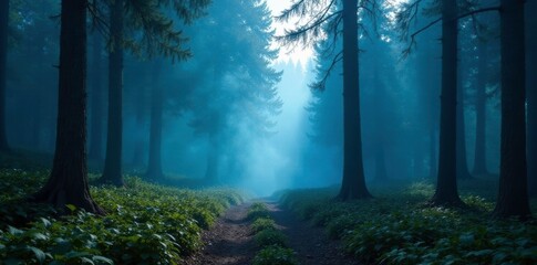 dark forest with blue smoke billowing from a clearing, misty, forest, wilderness
