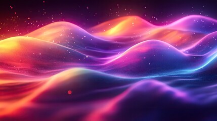 Fototapeta premium Distorted with motion glitch effect, abstract purple, pink, green, orange neon rainbow wavy interlaced digital background. Futuristic striped glitched cyberpunk design, retro rave 90s 2000s aesthetic.
