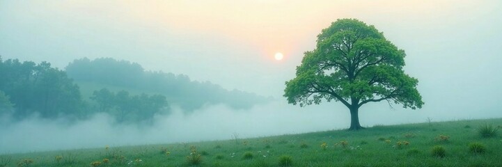 Fototapeta premium Ethereal mist surrounds a single majestic evergreen, serene, landscape, tree