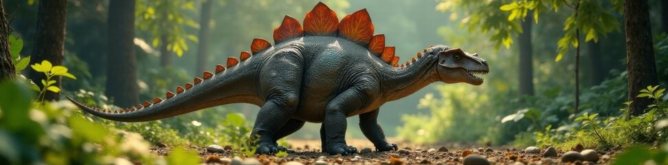 Prehistoric Stegosaurus with a long neck and plates on its back, nature, stegosaurus