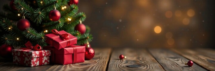 Presents and Christmas tree on wooden background with soft glowing lights, wood, gentle