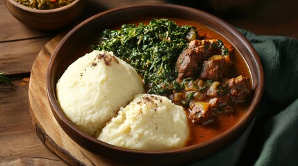 Traditional Kenyan ugali with sukuma wiki and meat stew. Featuring a hearty and flavorful dish. Highlighting the texture and flavors of the ugali. Ideal for food and cultural themes.