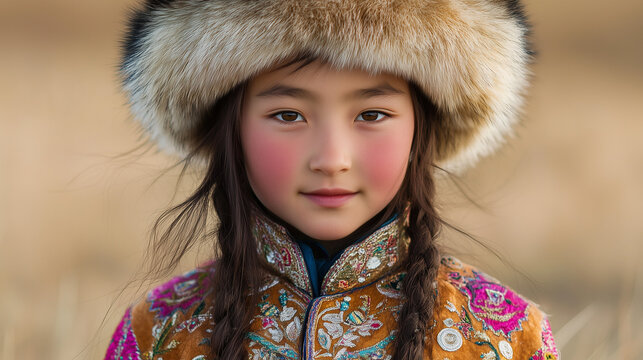 Tsagaan Sar, Portrait of young girl in traditional fur hat and embroidered clothing in natural setting