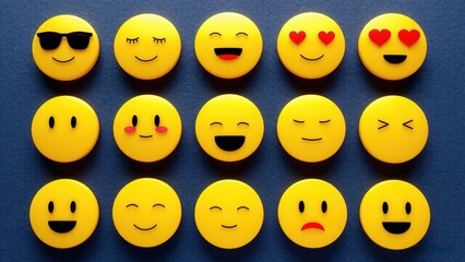 Obraz premium a grid of yellow emoji faces with various expressions, including smiles, heart eyes, laughter, and a frowning face, set against a blue background.