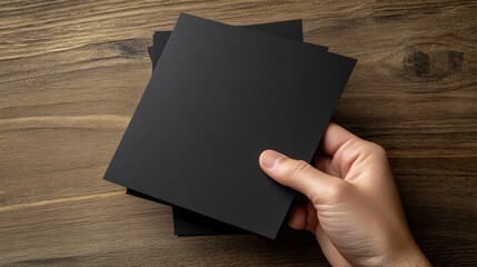 Obraz premium Two A5 black cardstock cards are stacked on top of each other, with one hand holding the two sides, laying flat on an oak table.