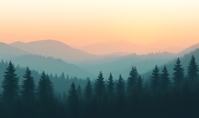 Obraz premium Tranquil mountain landscape as the sun rises, soft fog rolling over the pine trees, Generative AI