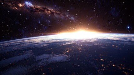 A breathtaking view of Earth from space, showcasing a sunrise over the horizon.