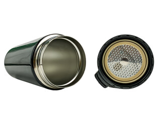 black stainless steel coffee tumbler isolated on white background