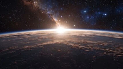 A breathtaking view of Earth from space, showcasing a sunrise over the horizon.