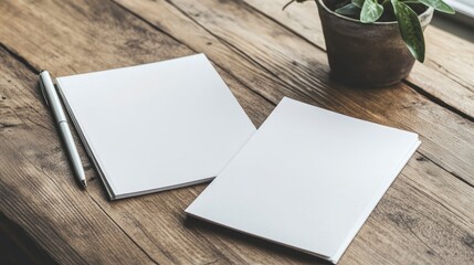 Two white blank magazines on a wooden table, a mockup template for a branding presentation.