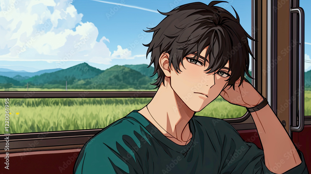 Wall mural man gazing out of the window on a moving train with a dreamy expression in an anime style illustrati