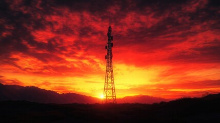 Naklejka premium A large communications tower silhouetted against a glowing sunset, with a rugged mountain range in the distance. The sky is painted with deep reds and oranges, casting a warm glow over the scene.