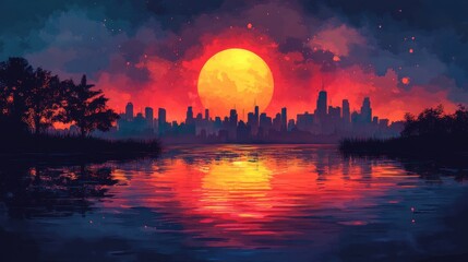Obraz premium Neon Dreams: Watercolor Futuristic Cityscape with Vibrant Glowing Lights and High Contrast