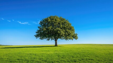 Fototapeta premium A lone, mature tree at the center of an endless green field, surrounded by soft grass and a clear blue sky above, capturing the essence of natural solitude and simplicity.