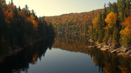 Fototapeta premium Autumnal River Reflection in Canadian Forest