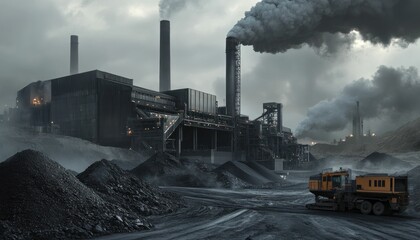 Fototapeta premium Industrial Landscape with Coal Processing Plant Emitting Heavy Smoke and a Mining Truck