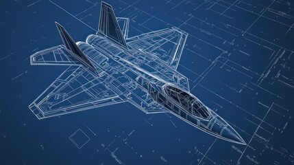A blueprint-style illustration of a jet fighter showcasing its design and structure.