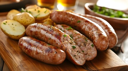 Wooden board with light brown and golden brown German sausages and large steamed potatoes. Generative AI