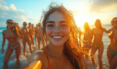 Joyful Friends Taking a Selfie Outdoors at Sunset