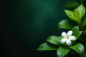 Obraz premium Dark, glossy background with lush green leaves and a few jasmine flowers in the foreground, plantlife, stems, nature