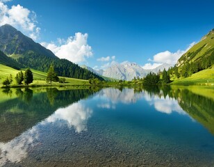 Naklejka premium 夏の湖に映る山と雲