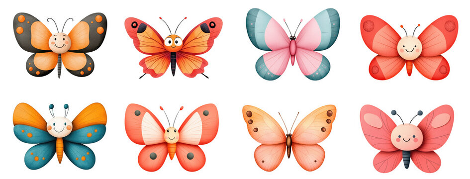 Colorful cartoon butterflies with cheerful expressions, featuring various patterns and vibrant wings