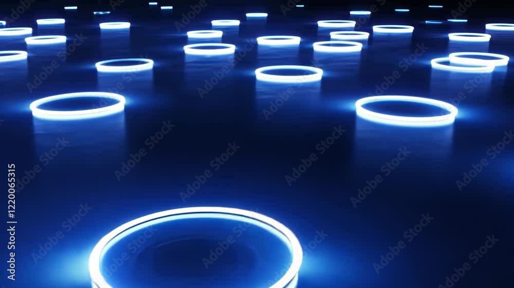 Poster illuminated circles floating on serene water create a mesmerizing night spectacle in a tranquil sett