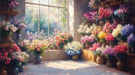 Fototapeta premium Female Florist Smiling While Arranging Colorful Flower Bouquets in Bright Flower Shop