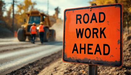 Road Work Ahead Sign with Construction Workers and Machinery