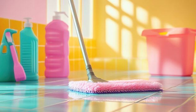 Vibrant Cleaning Supplies Ready for a Refreshing Clean in a Tiled Bathroom - Powered by Adobe