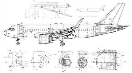 Technical blueprint of an aircraft showing detailed design and specifications.